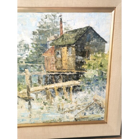 Original Oil Painting Waterfront by Peggy Hill Signed 1974 H 24.25 inch, W 30.25 - Picture 8 of 16